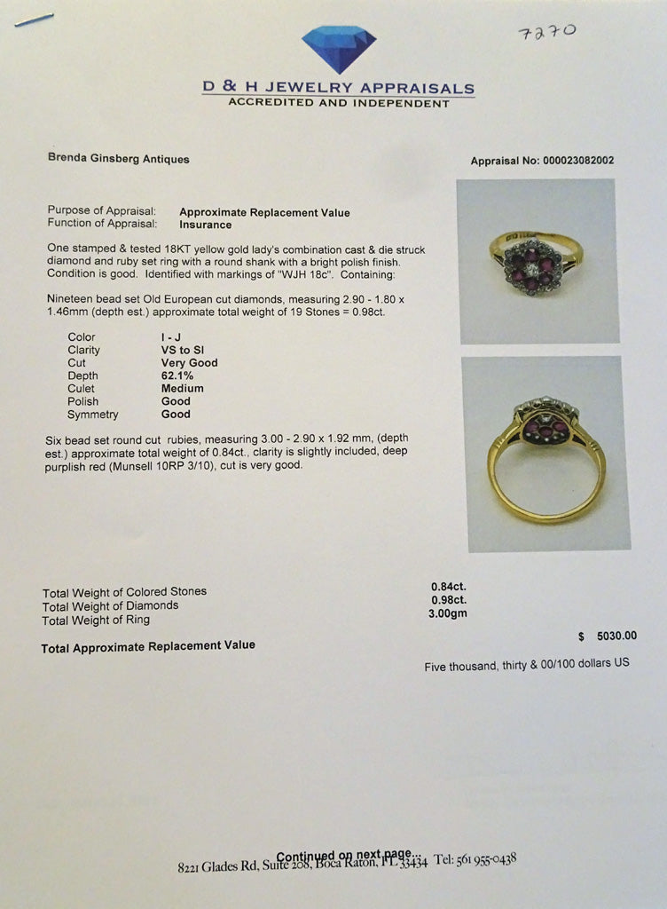 Antique Victorian Edwardian ring 18k gold diamond ruby flower appraisal (7270)