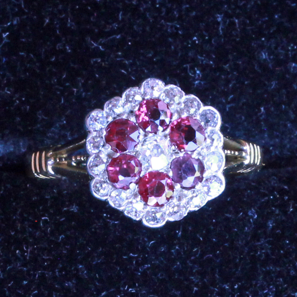 Antique Victorian Edwardian ring 18k gold diamond ruby flower appraisal (7270)