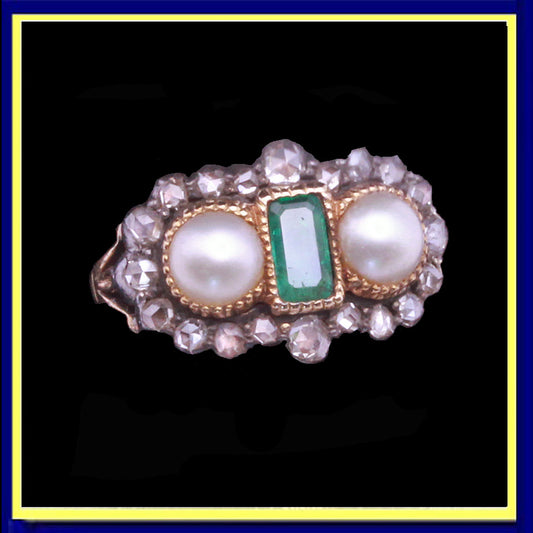 Antique Victorian ring gold emerald diamonds pearls English