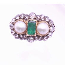 Antique Victorian Ring 18ct gold emerald diamonds pearls English (7278)