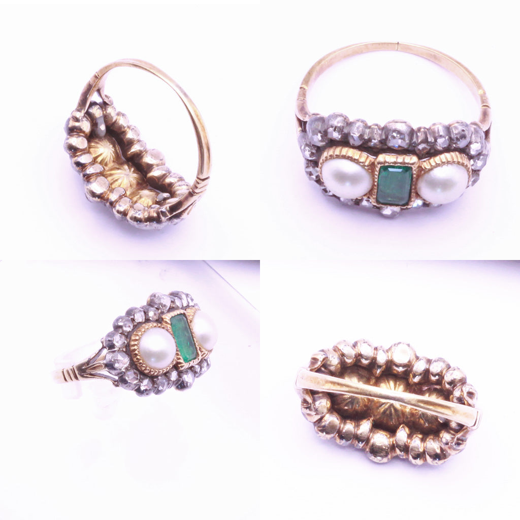 Antique Victorian Ring 18ct gold emerald diamonds pearls English (7278)