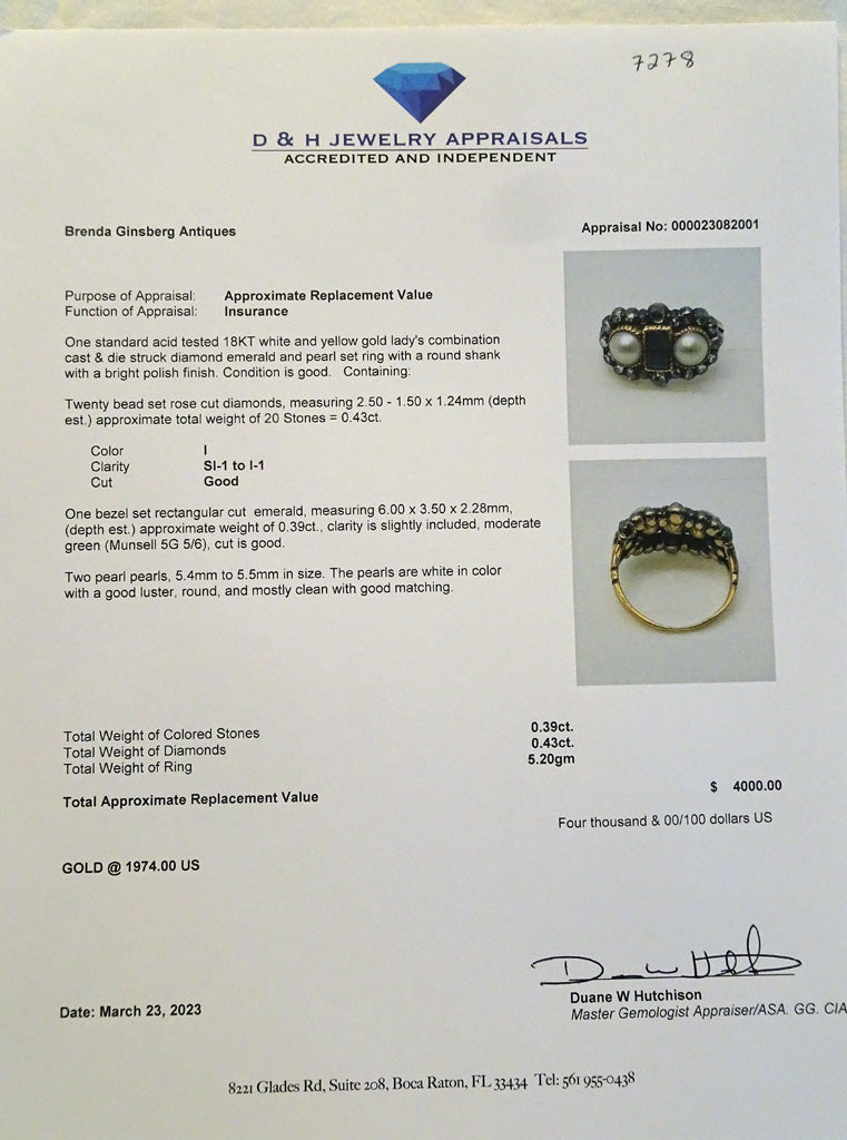 Antique Victorian Ring 18ct gold emerald diamonds pearls English (7278)