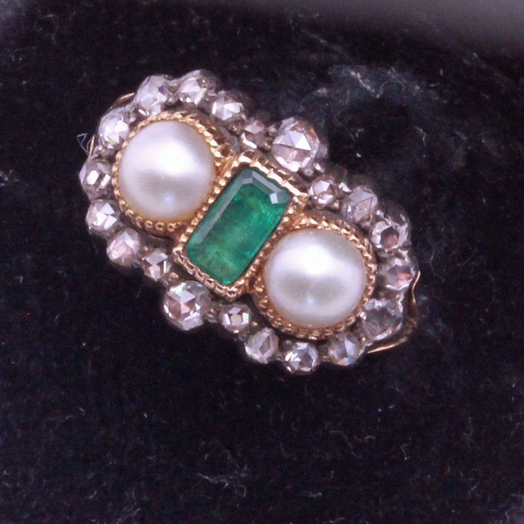 Antique Victorian Ring 18ct gold emerald diamonds pearls English (7278)