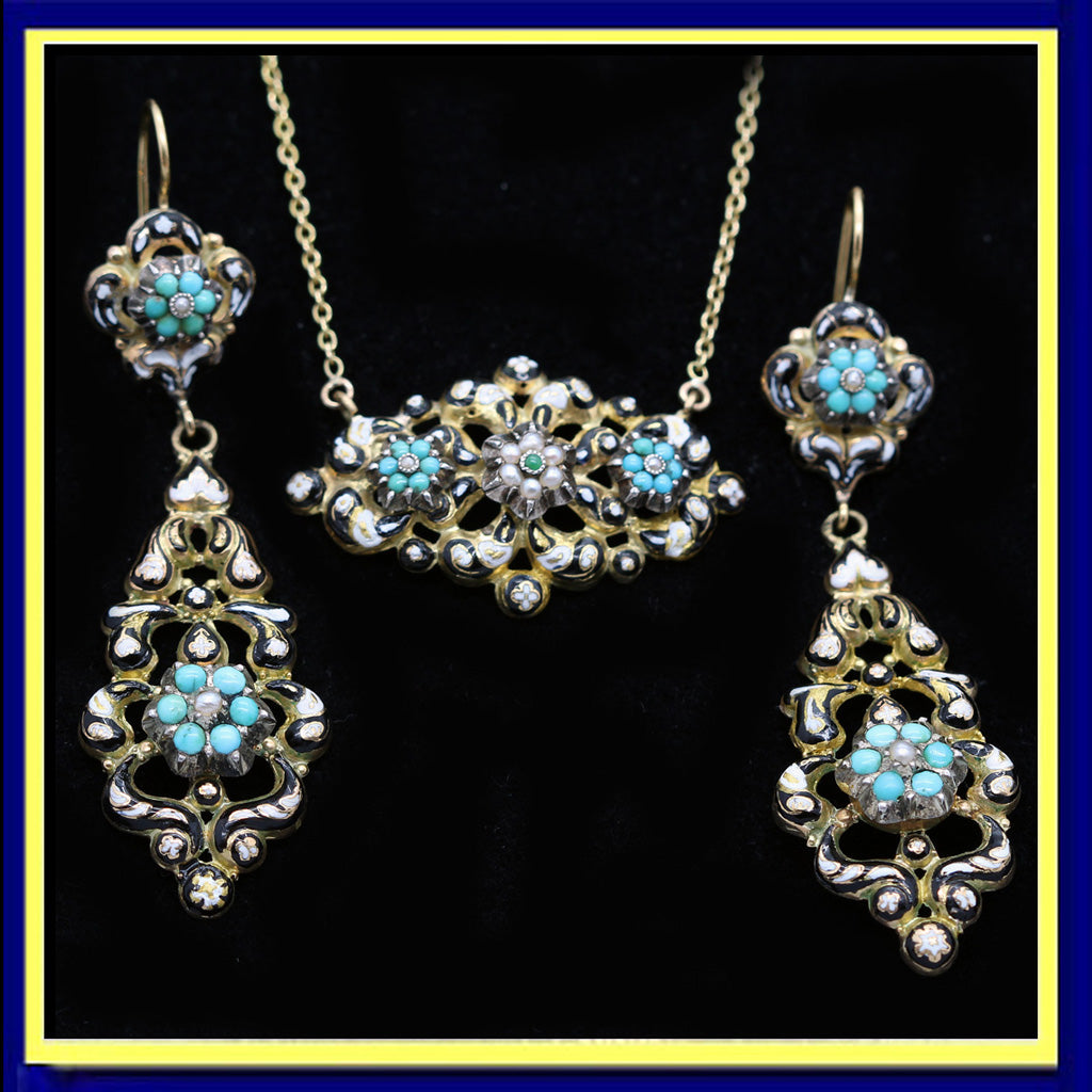 Antique Georgian French Earrings Necklace Gold Turquoise Pearls Enamel set (6232)