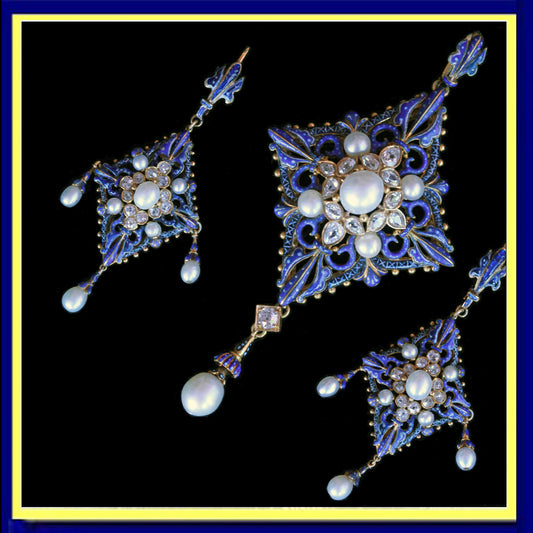 Giuliano antique earrings pendant set diamonds pearls enamel gold