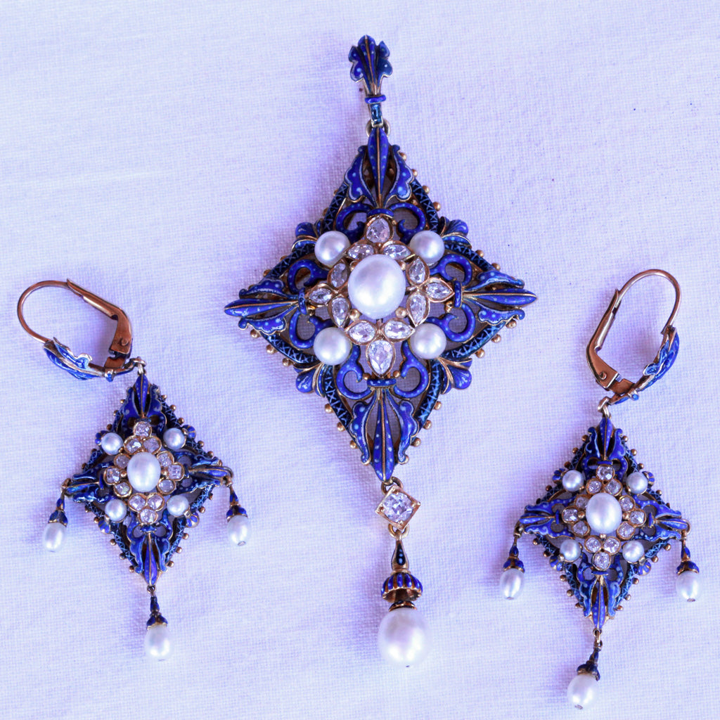 Antique Giuliano Earrings Pendant Set Diamonds Natural Pearls Enamel Gold (6341)