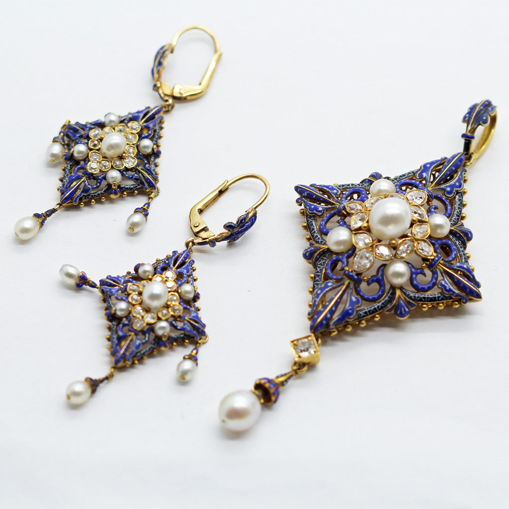 Antique Giuliano Earrings Pendant Set Diamonds Natural Pearls Enamel Gold (6341)