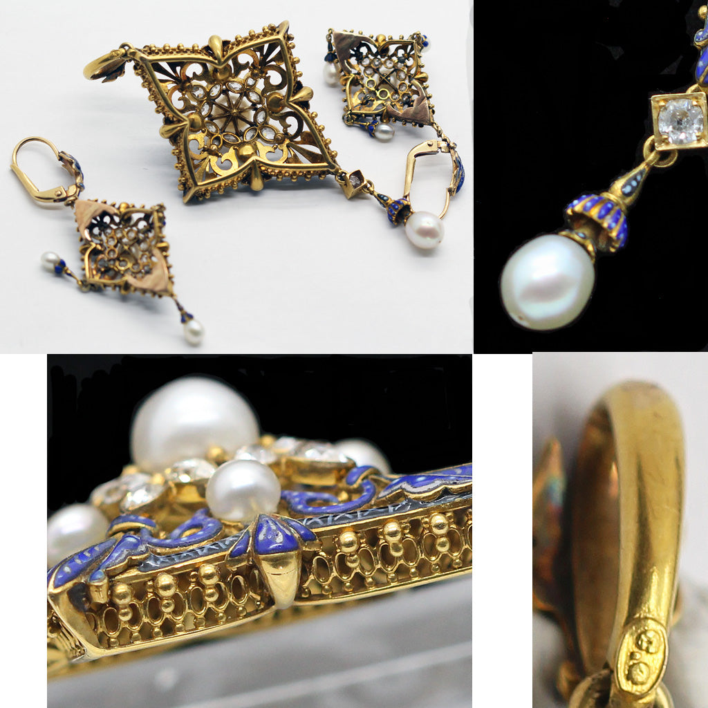Antique Giuliano Earrings Pendant Set Diamonds Natural Pearls Enamel Gold (6341)
