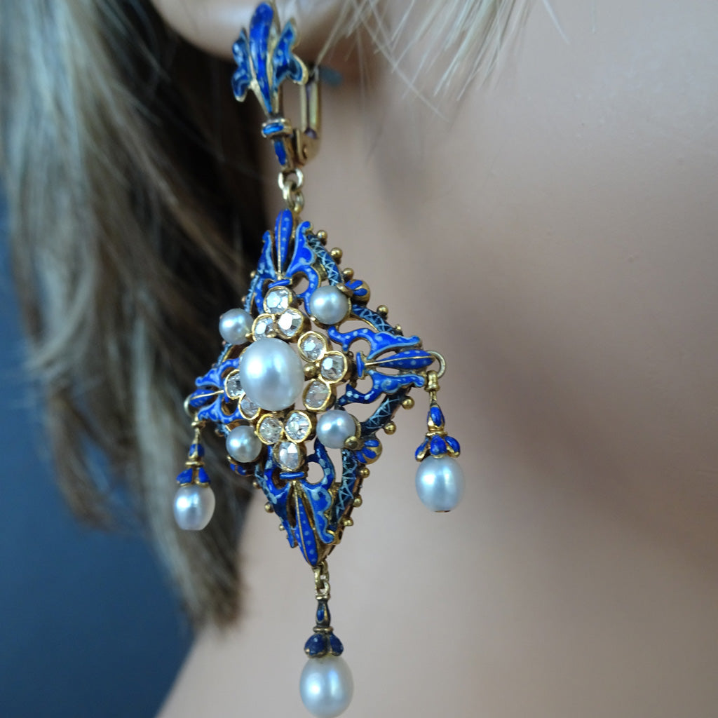 Antique Giuliano Earrings Pendant Set Diamonds Natural Pearls Enamel Gold (6341)