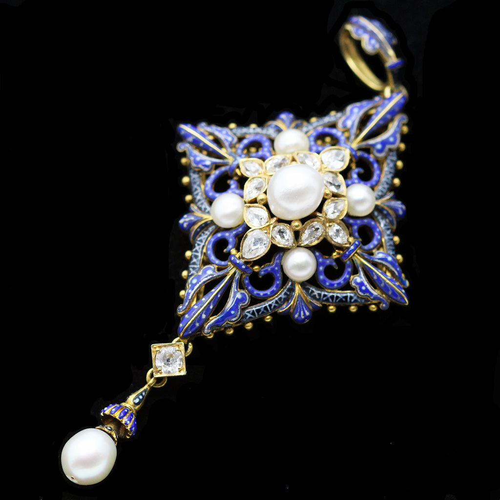 Antique Giuliano Earrings Pendant Set Diamonds Natural Pearls Enamel Gold (6341)