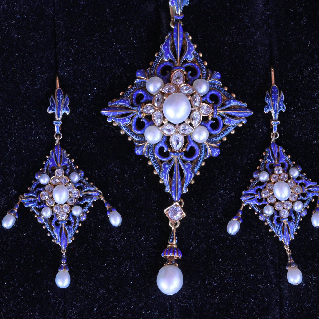 Antique Giuliano Earrings Pendant Set Diamonds Natural Pearls Enamel Gold (6341)