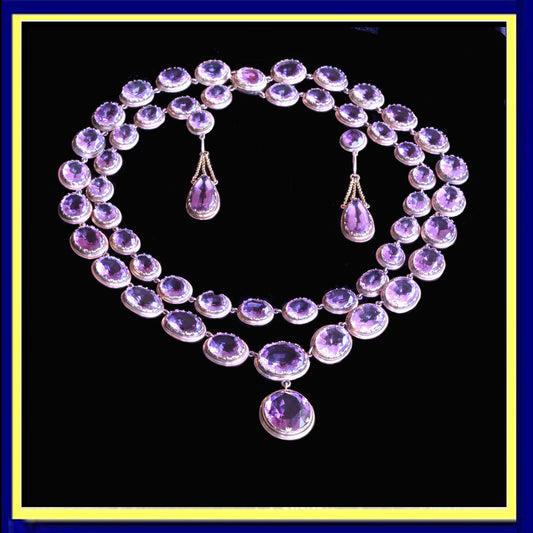 Victorian Necklace Earrings Set Day Night Double Riviere Amethyst Gold (6499)