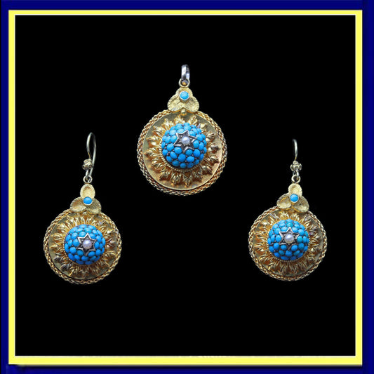 Victorian Earrings Pendant Jewelry Set 15ct Gold Turquoise Pearls Antique (6619)