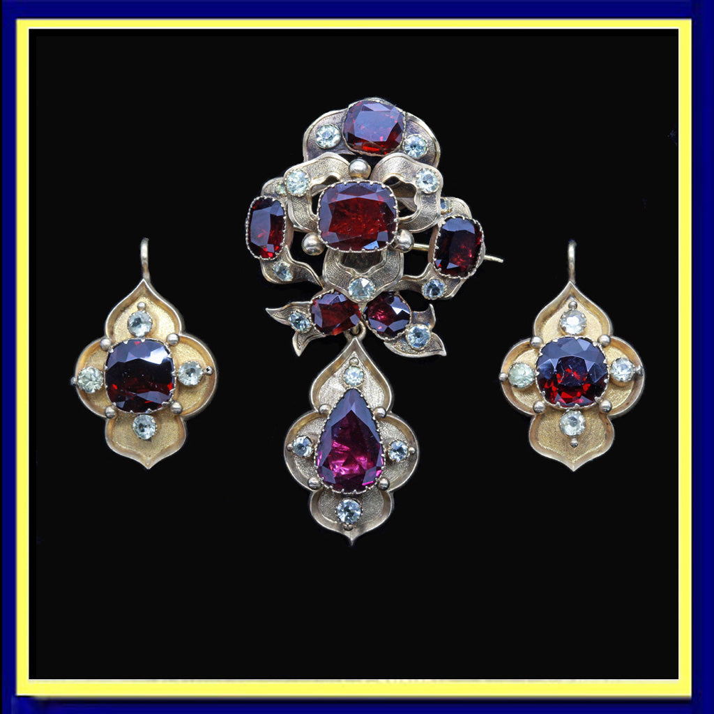 Antique Victorian Earrings Brooch Pendant Set Gold Garnet Gem Holbeinesque(6734)
