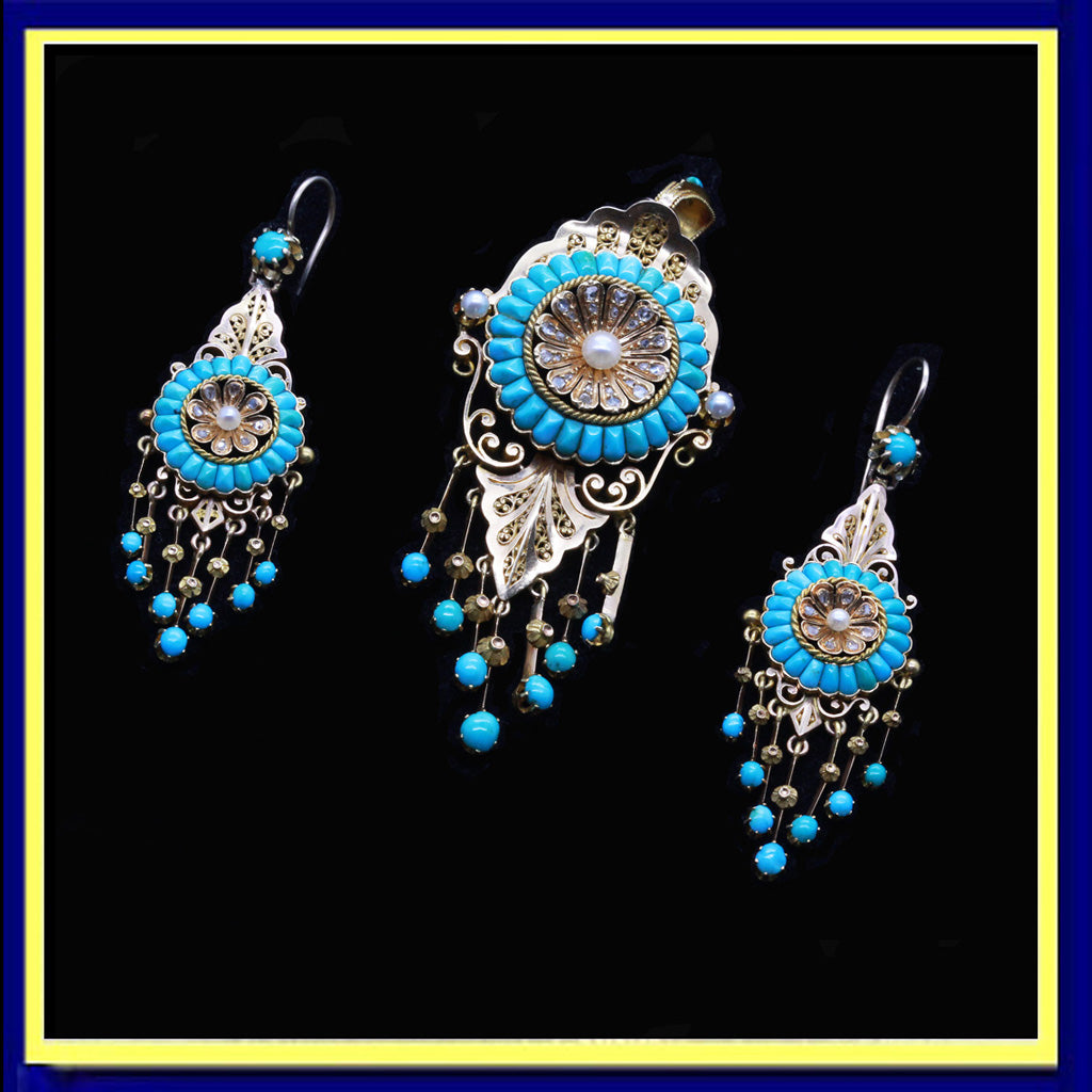 Antique Victorian Earrings Pendant Brooch Gold Turquoise Diamonds Pearls set (6787)