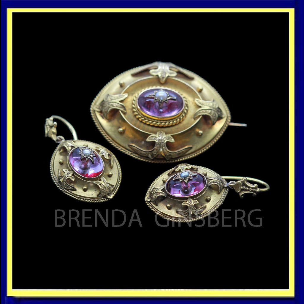 Antique Victorian Earrings Brooch Jewelry Set 18k Gold Amethysts Pearls (6906)