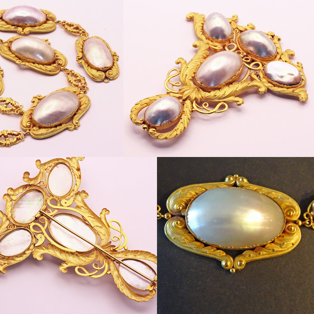 Antique Georgian Set Earrings Necklace Brooch Gold Coque de Perle Bride (7162)
