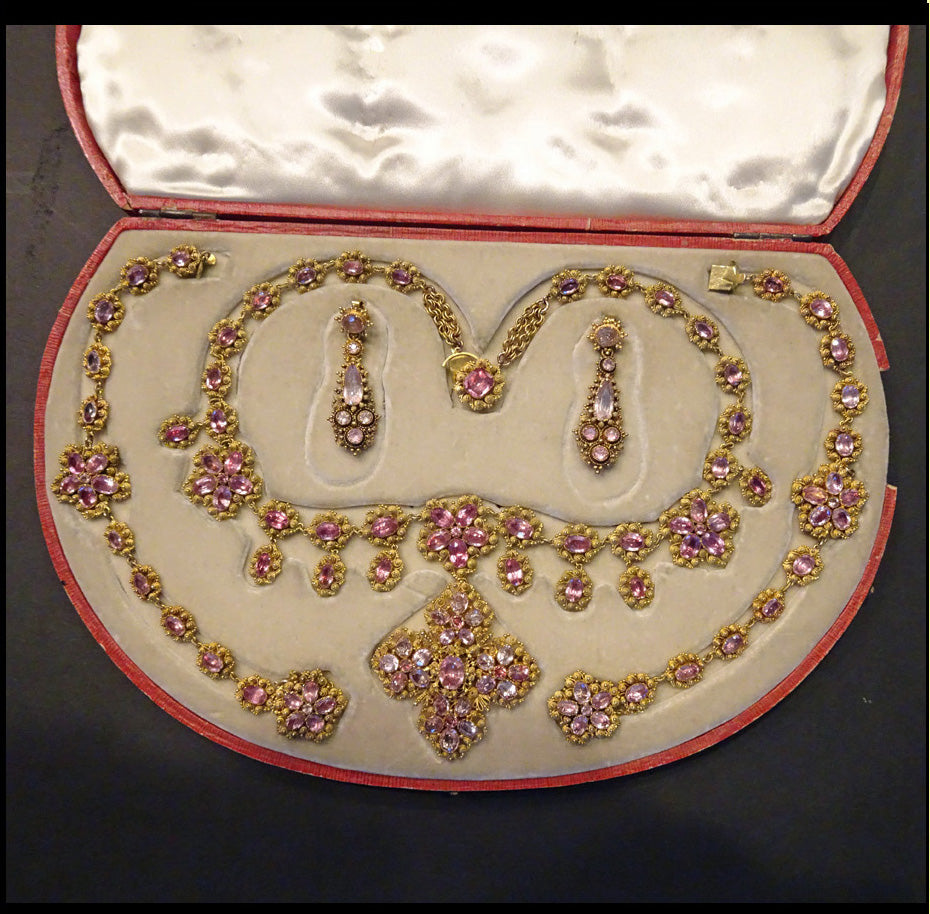 Georgian Set Gold Pink Topaz Earrings Bracelets Necklace Pendant Brooch (7166)