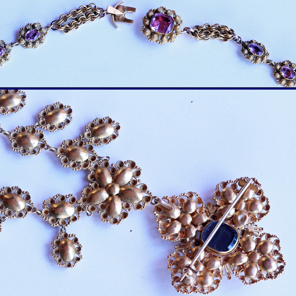 Georgian Set Gold Pink Topaz Earrings Bracelets Necklace Pendant Brooch (7166)
