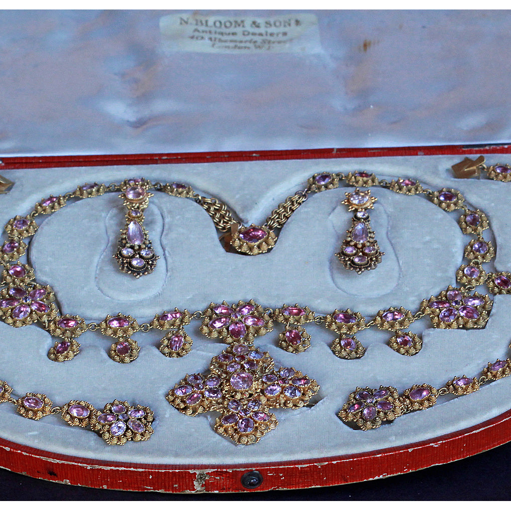 Georgian Set Gold Pink Topaz Earrings Bracelets Necklace Pendant Brooch (7166)