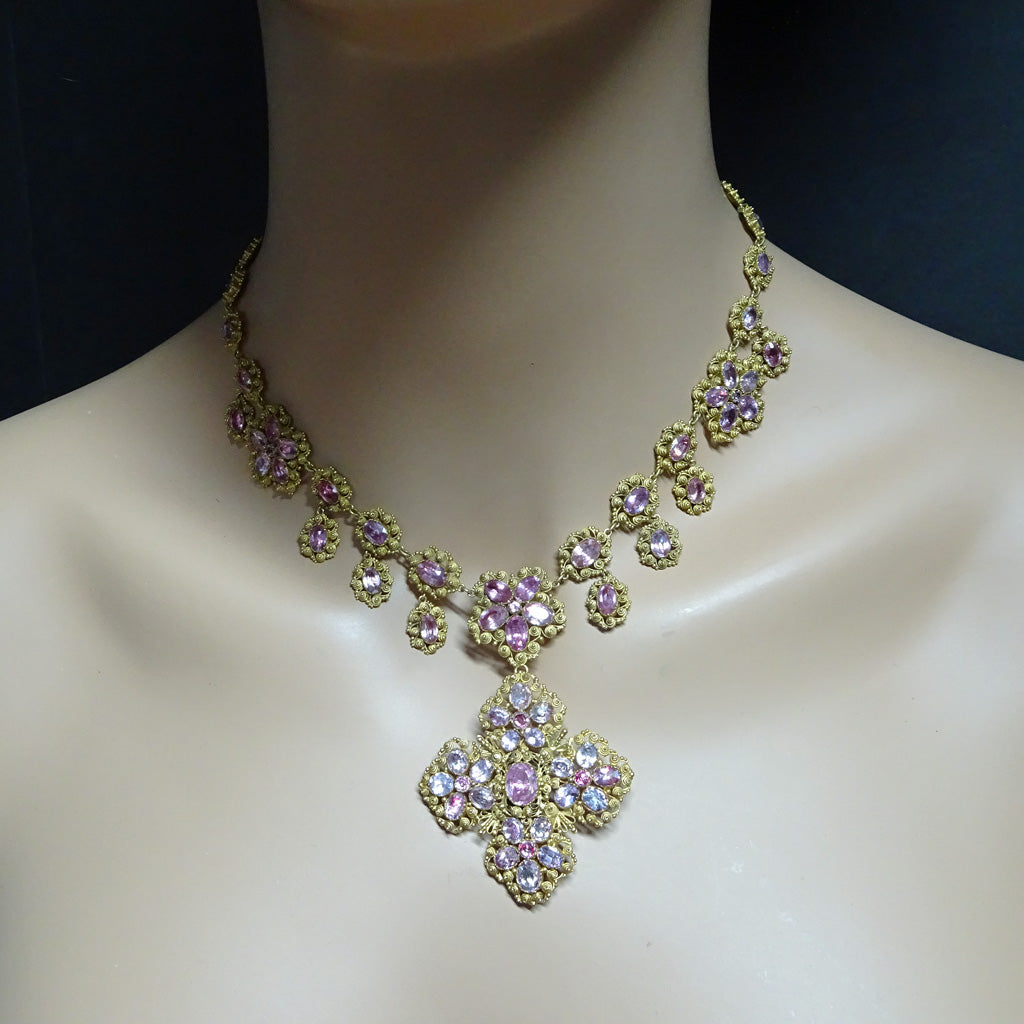 Georgian Set Gold Pink Topaz Earrings Bracelets Necklace Pendant Brooch (7166)