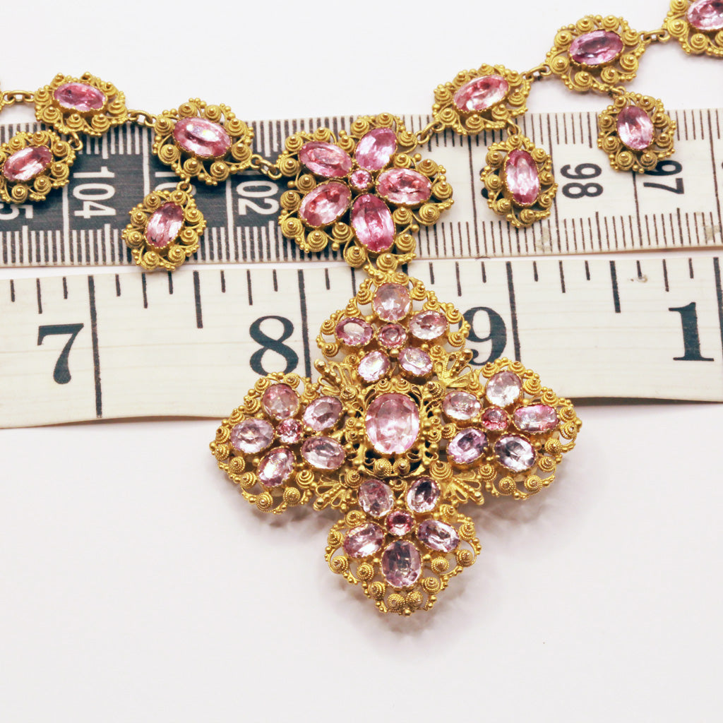 Georgian Set Gold Pink Topaz Earrings Bracelets Necklace Pendant Brooch (7166)