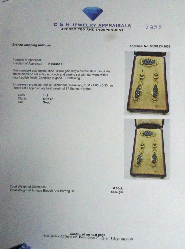 Antique earrings brooch jewelry parure set diamonds gold enamel French (7235)