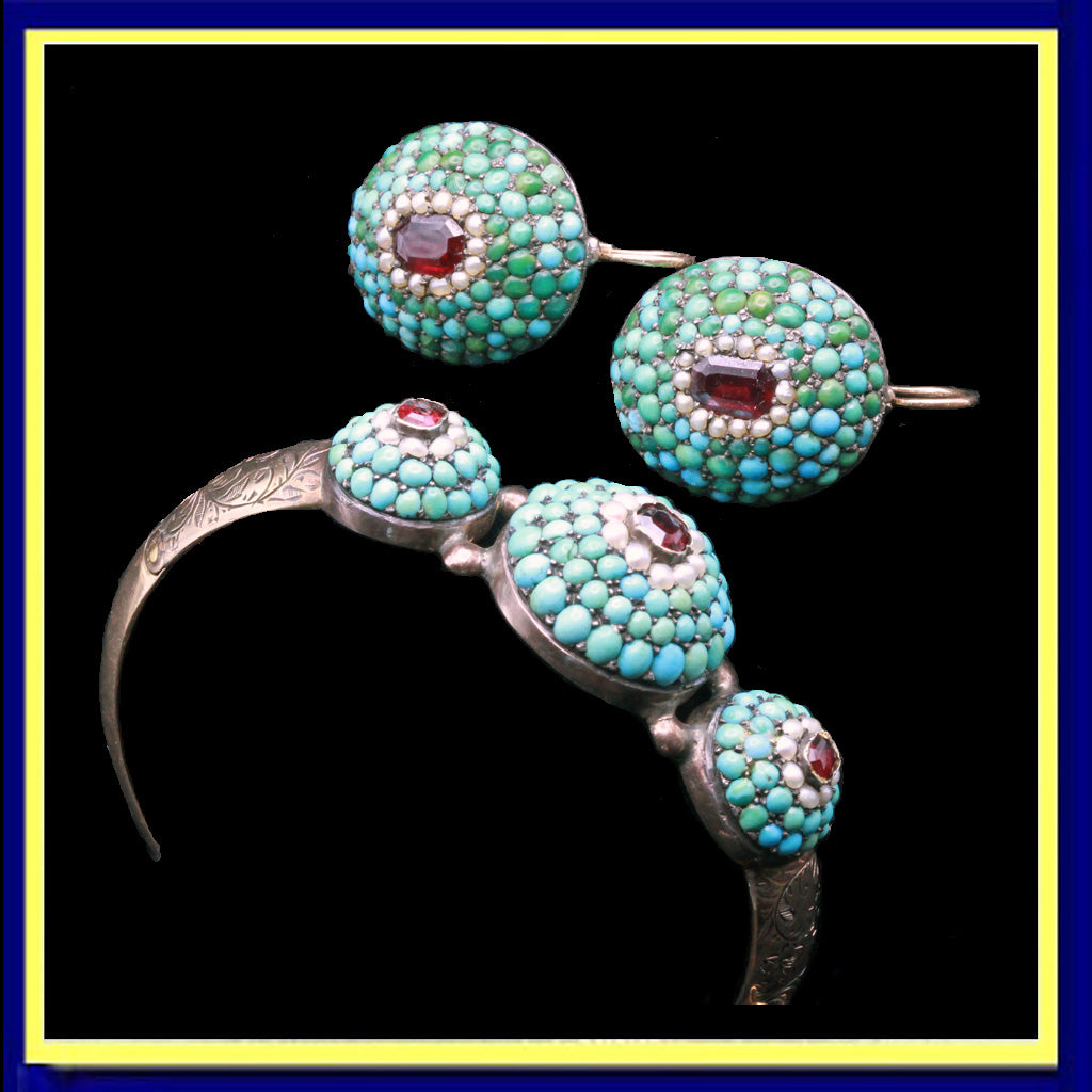 antique Victorian earrings bangle jewelry set gold turquoise garnet pearls