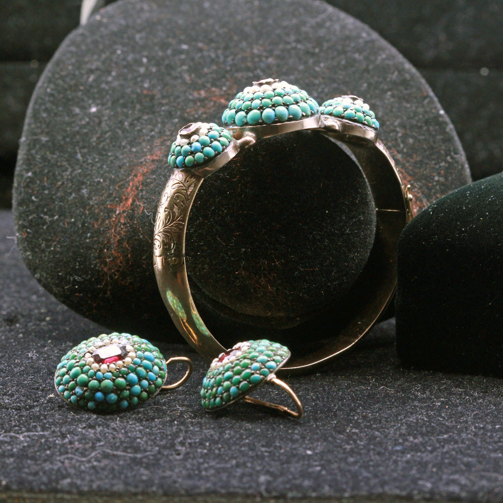 Antique Victorian earrings bangle jewelry set gold turquoise garnet pearl (7289)