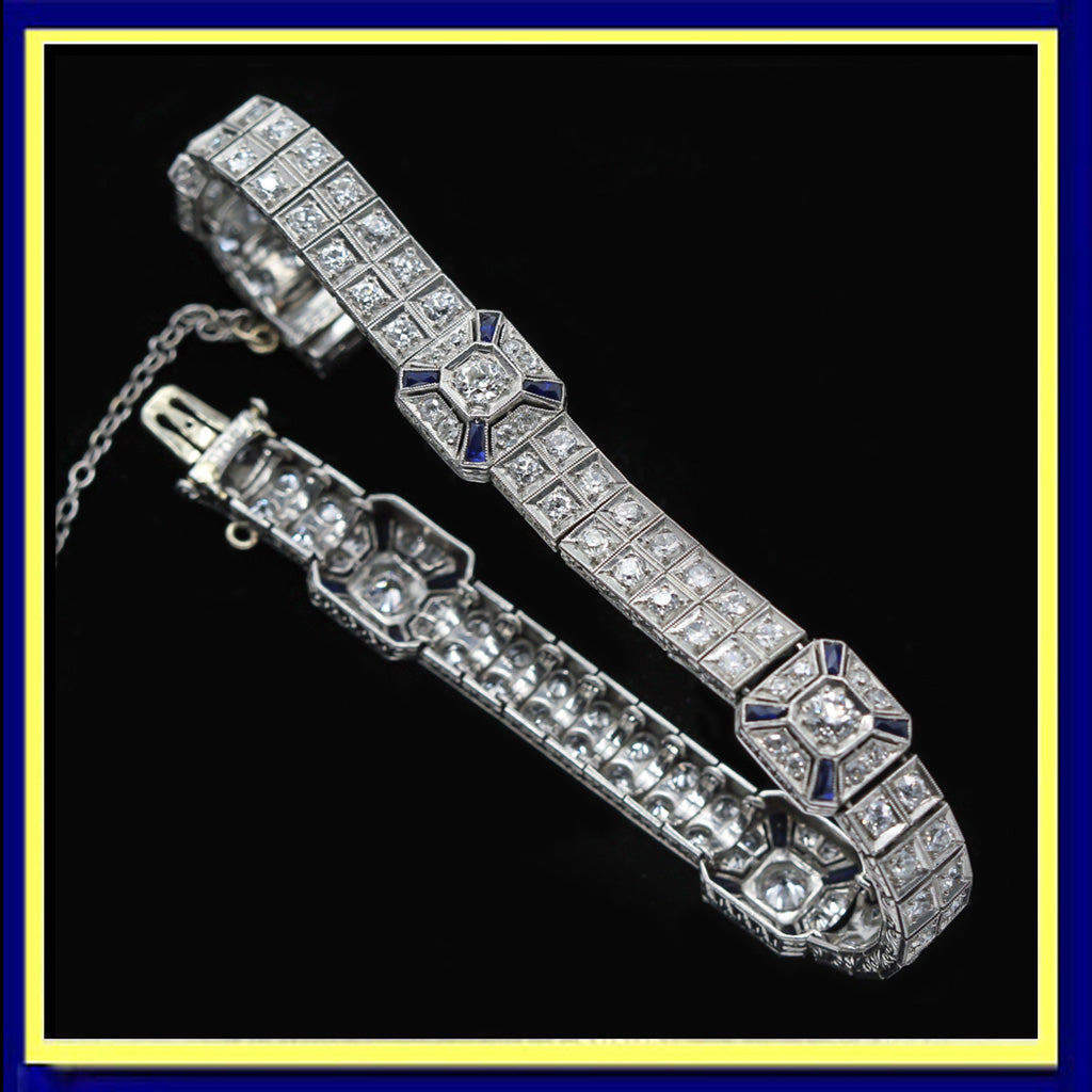 Vintage Art Deco Double Line Bracelet Platinum Diamonds Sapphires w Appraisal (5856)