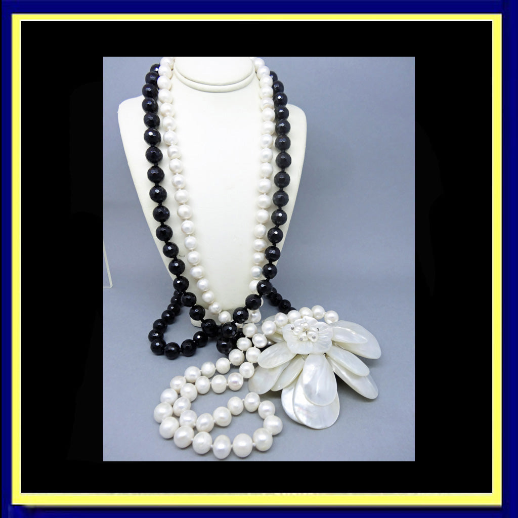 French sautoir long necklace pearls onyx mother of pearl