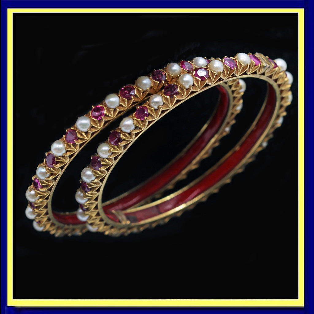 Antique Pair Bangles Gold Pearls Rubies  Maharaja Appraisal  India (4910)