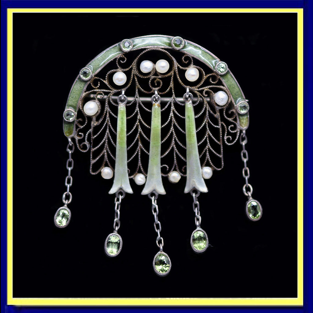Theodor Fahrner brooch pin enamel pearls peridot