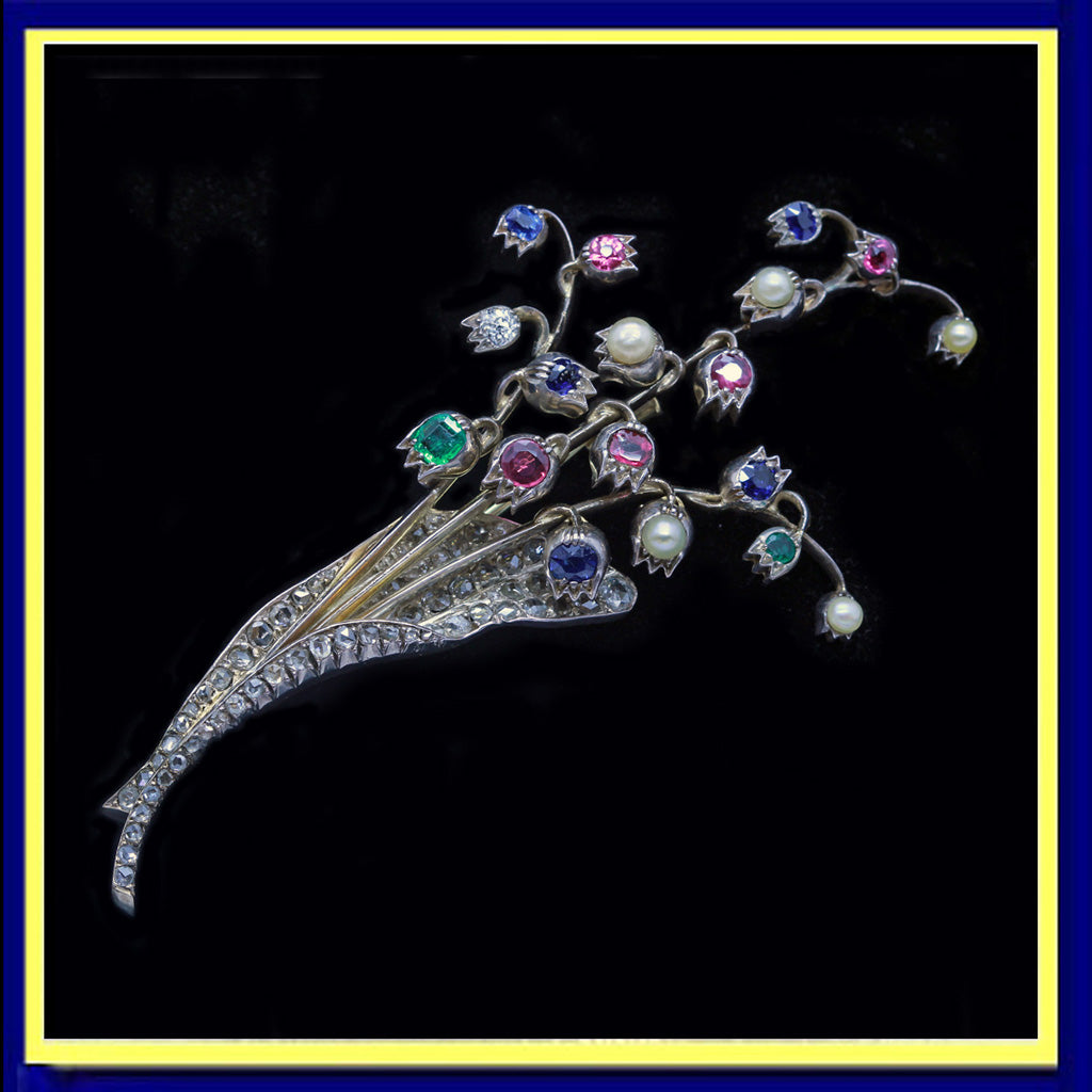 antique brooch  en trembland gold diamonds sapphires rubies pearls emeralds