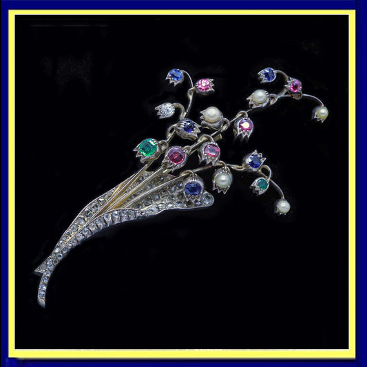 antique brooch  en trembland gold diamonds sapphires rubies pearls emeralds