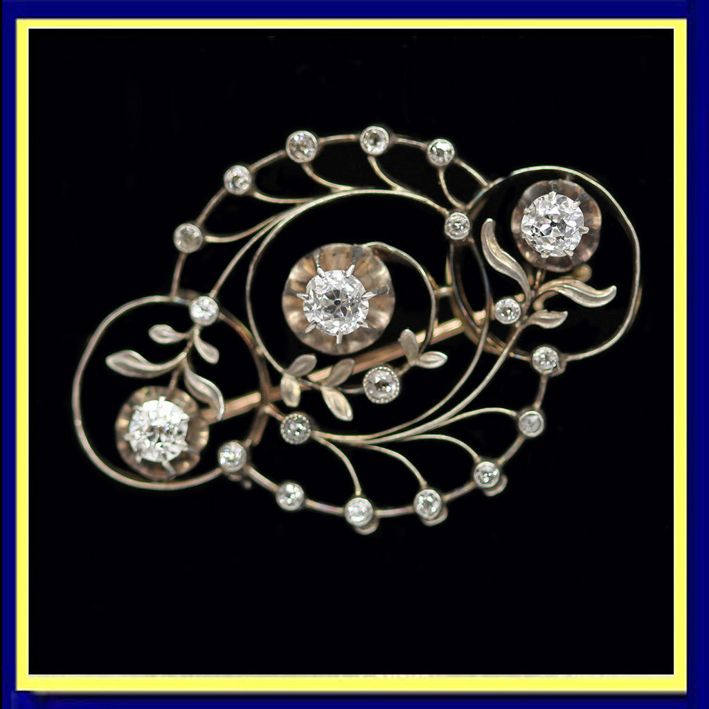 Art Nouveau Imperial Russian Brooch Diamonds Gold Silver w Appraisal (5214)