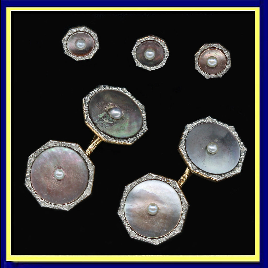 Antique Victorian Gents Dress Set Cufflinks Button Larter Gold MOP Pearl (4984)