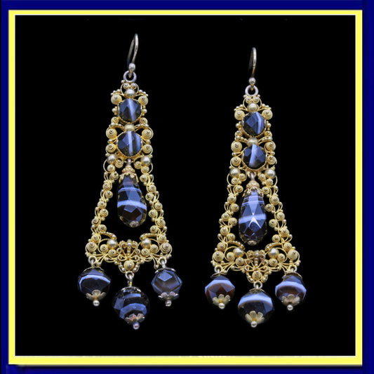Antique Georgian earrings banded agate gold cannetille