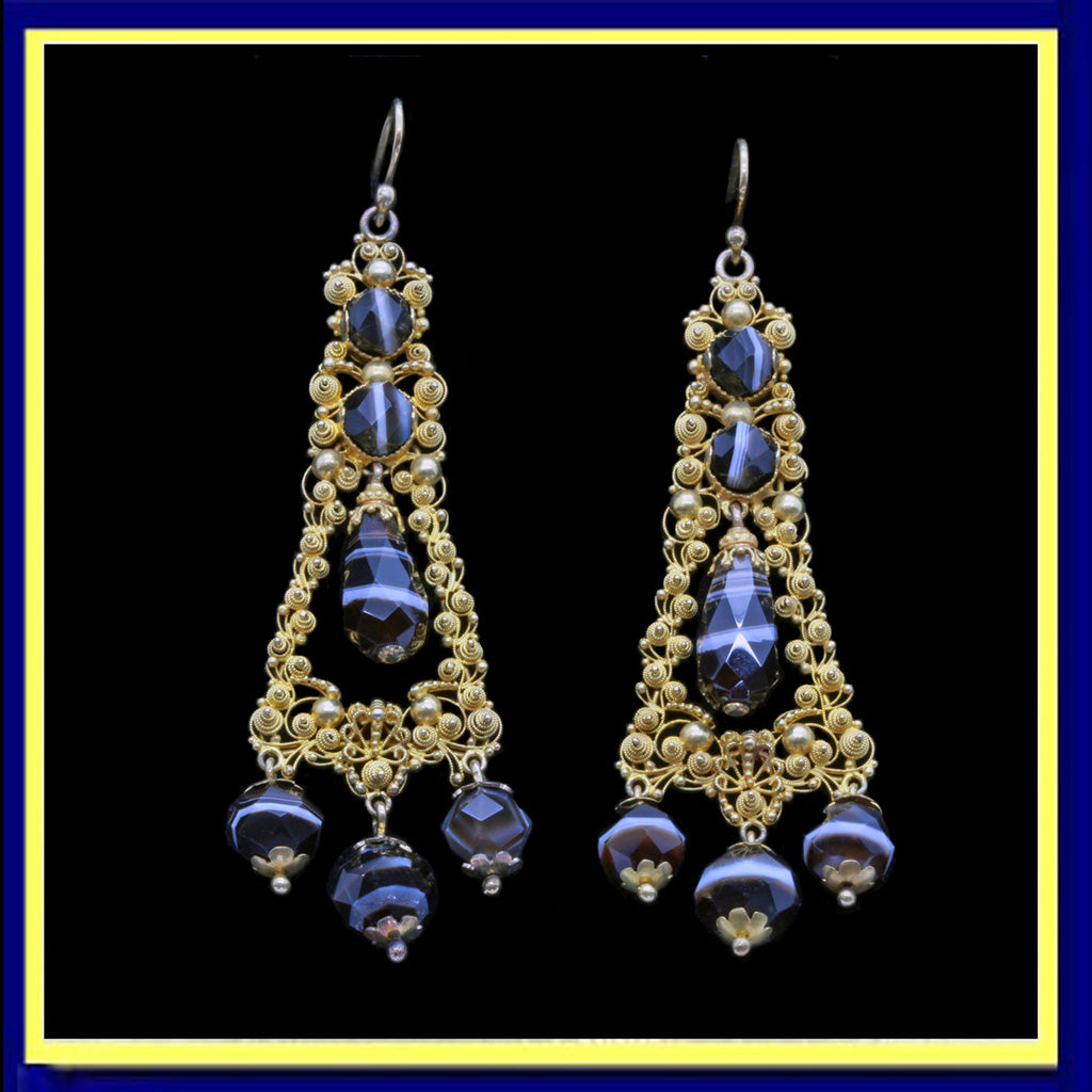 Antique Georgian earrings banded agate gold cannetille