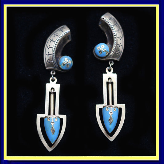 antique Victorian earrings gold blue enamel long