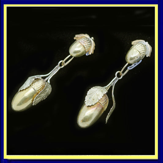 earrings antique French Art Nouveau acorns gold Day night