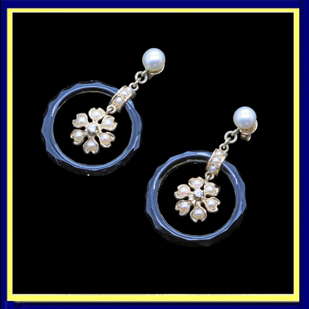 antique Art Deco earrings gold diamonds pearls dangling flowers hoops onyx