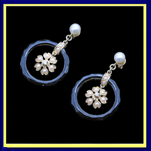 antique Art Deco earrings gold diamonds pearls dangling flowers hoops onyx