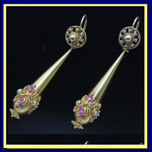 antique Georgian earrings cannetille gold pink sapphire pearl day night