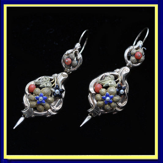 antique Victorian earrings gold enamel coral pearls day night