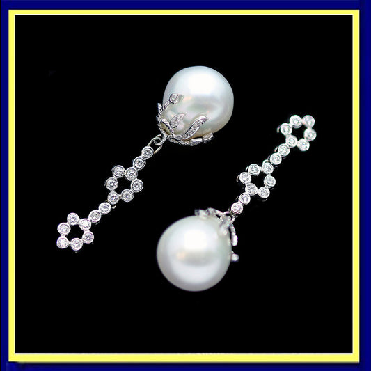 South Sea Pearl earrings diamonds gold platinum long dangles