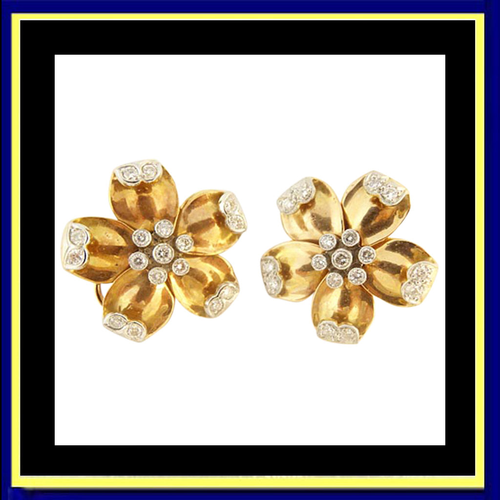 earrings ear clips gold diamonds vintage flowers
