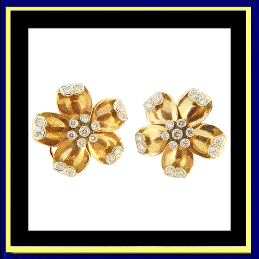 earrings ear clips gold diamonds vintage flowers
