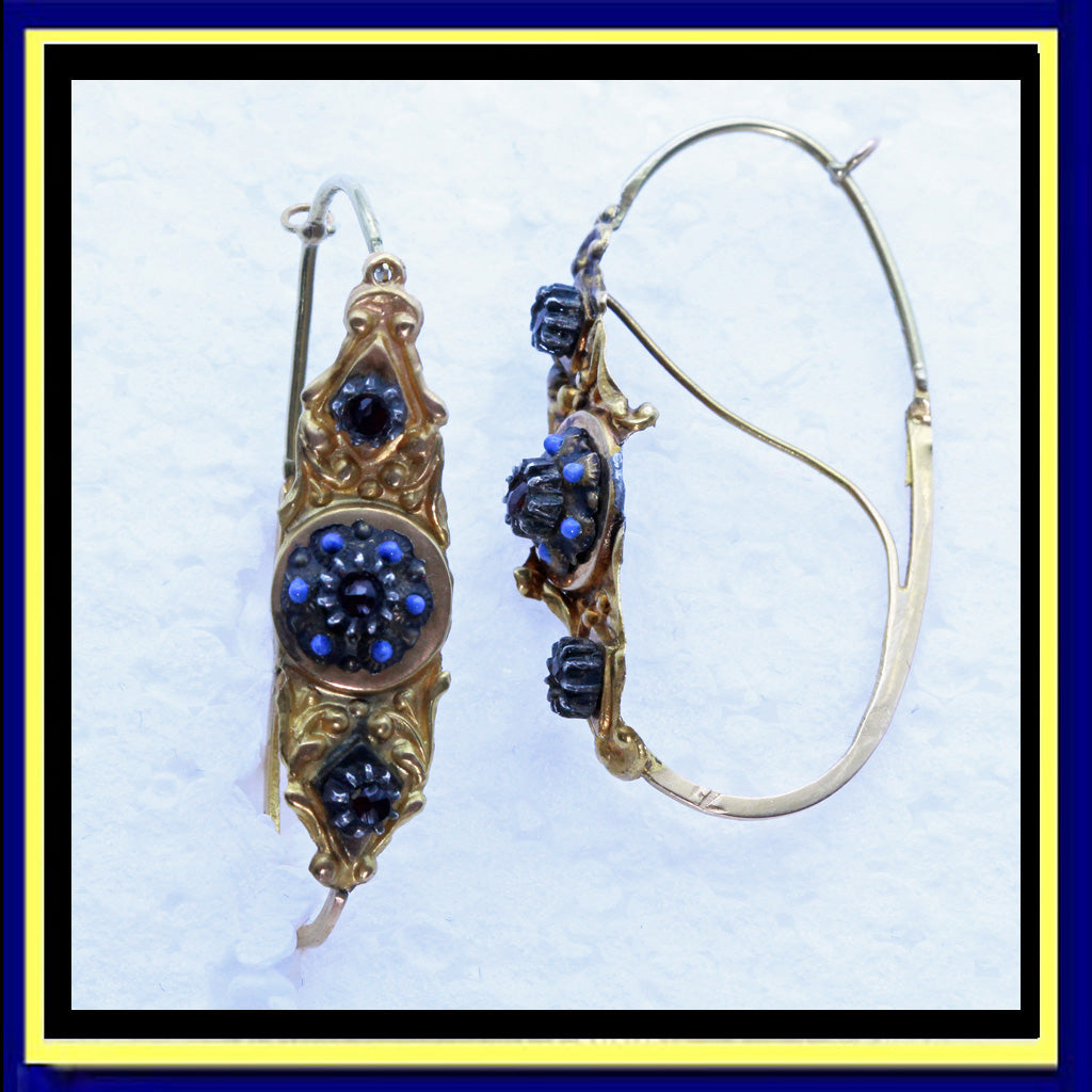 Antique Georgian Poissarde Earrings 18k Gold Garnet Enamel (3372)