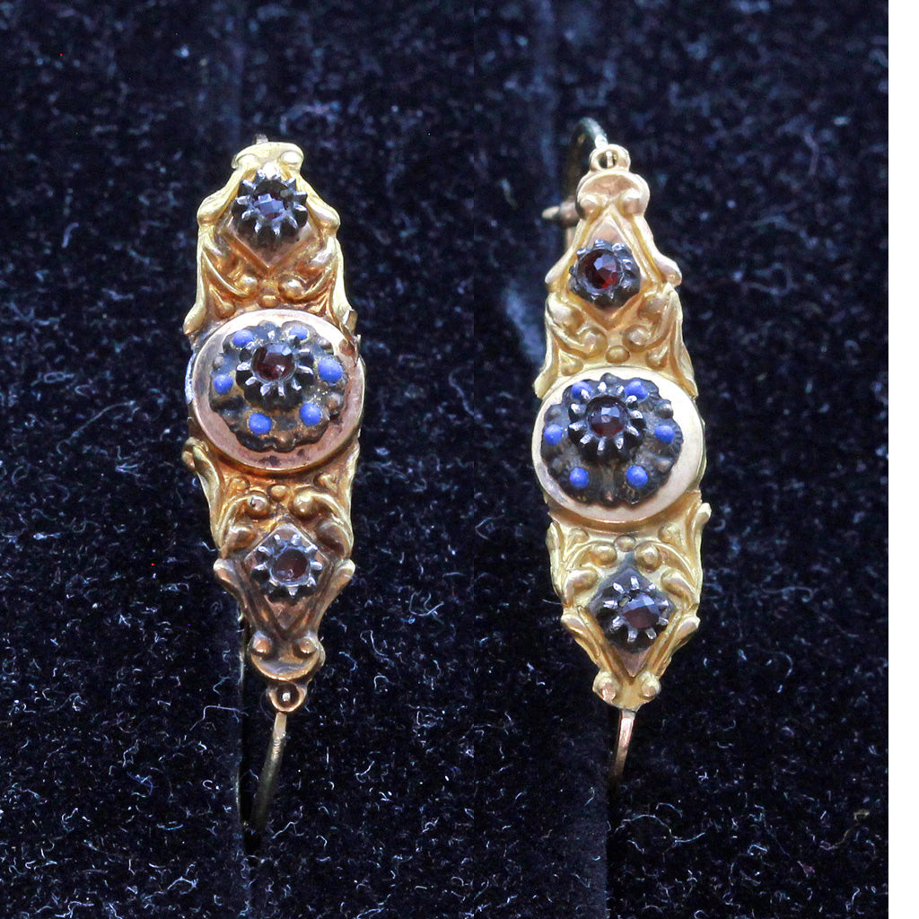 Antique Georgian Poissarde Earrings 18k Gold Garnet Enamel (3372)